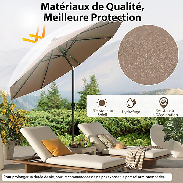 Parasol de Jardin Extérieur avec LED Coloré, 3M avec Manivelle, 8 Baleines Solides, pour Patio Terrasse,Base Non Incluse (Marron)