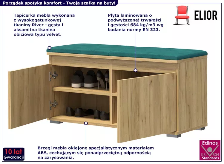 Szafka na buty z welurowym siedziskiem dąb craft   zielony - Joax