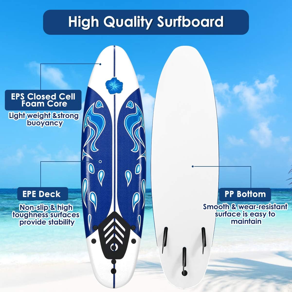 Giantex Surfboard, 6 Ft Stand Up Surfing Board w/ 3 Detachable Fins, Safety Leash, Non-Slip Lightweight Foam Surfboard for Kids, Teenager, Adults