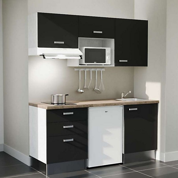 Kitchenette K20 - 180 cm - Façades : Noir - Plan de travail : Bois - Crédences : Non - Evier