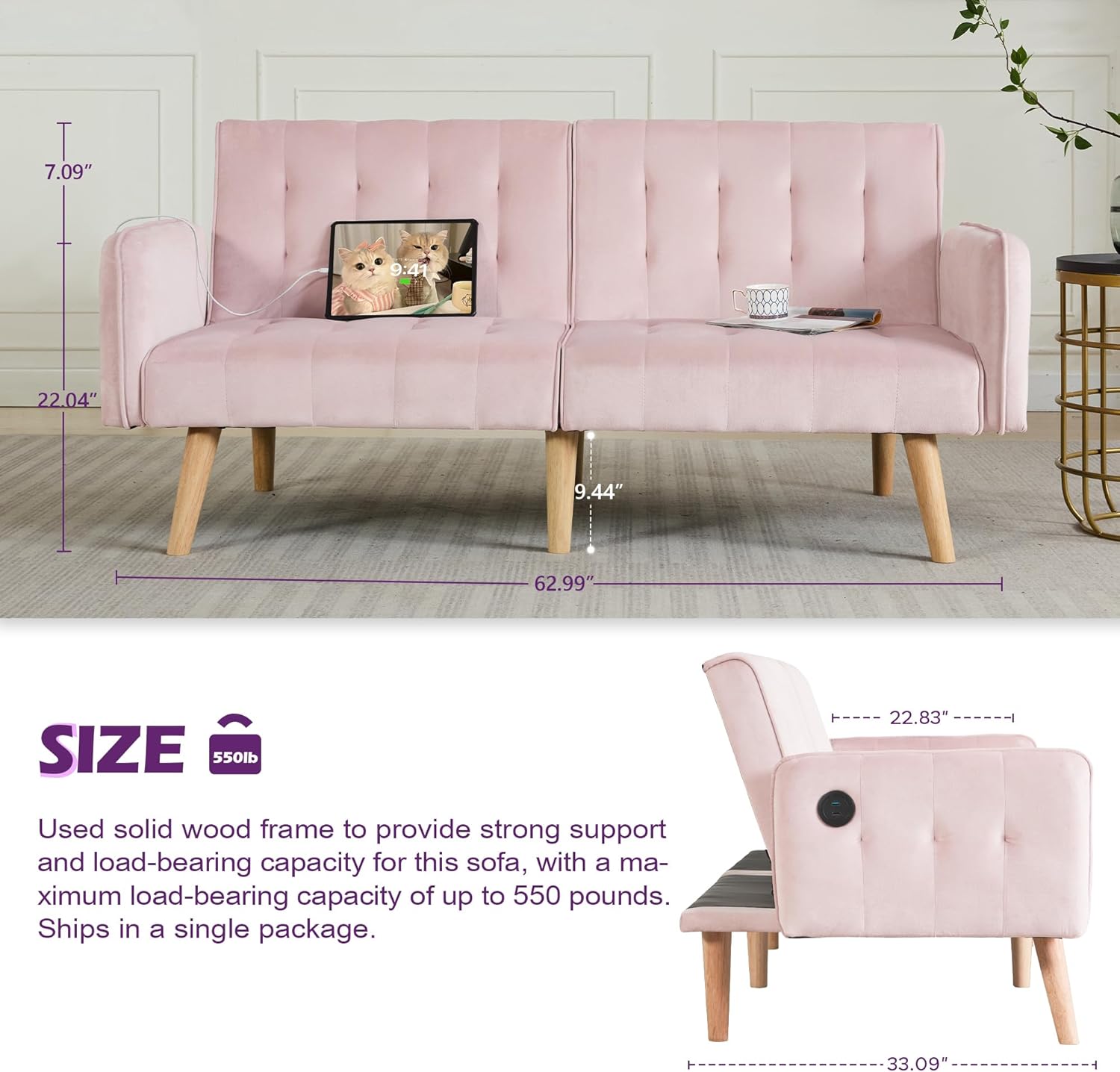 TYBOATLE 65 W Velvet Modern Convertible Folding Futon Couch Sofa Bed w/ 2 USB Charging Ports and arms, Loveseat for Compact Living Space, Dorm, Game Studio, Bonus Room, Apartment, Bedroom (Pink)