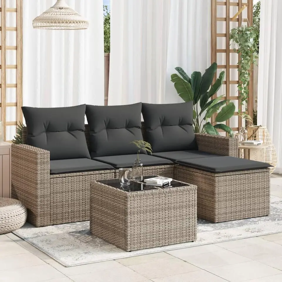 vidaXL Loungeset met kussens & tuintafel voor 4 personen - Grijs - Poly Rattan