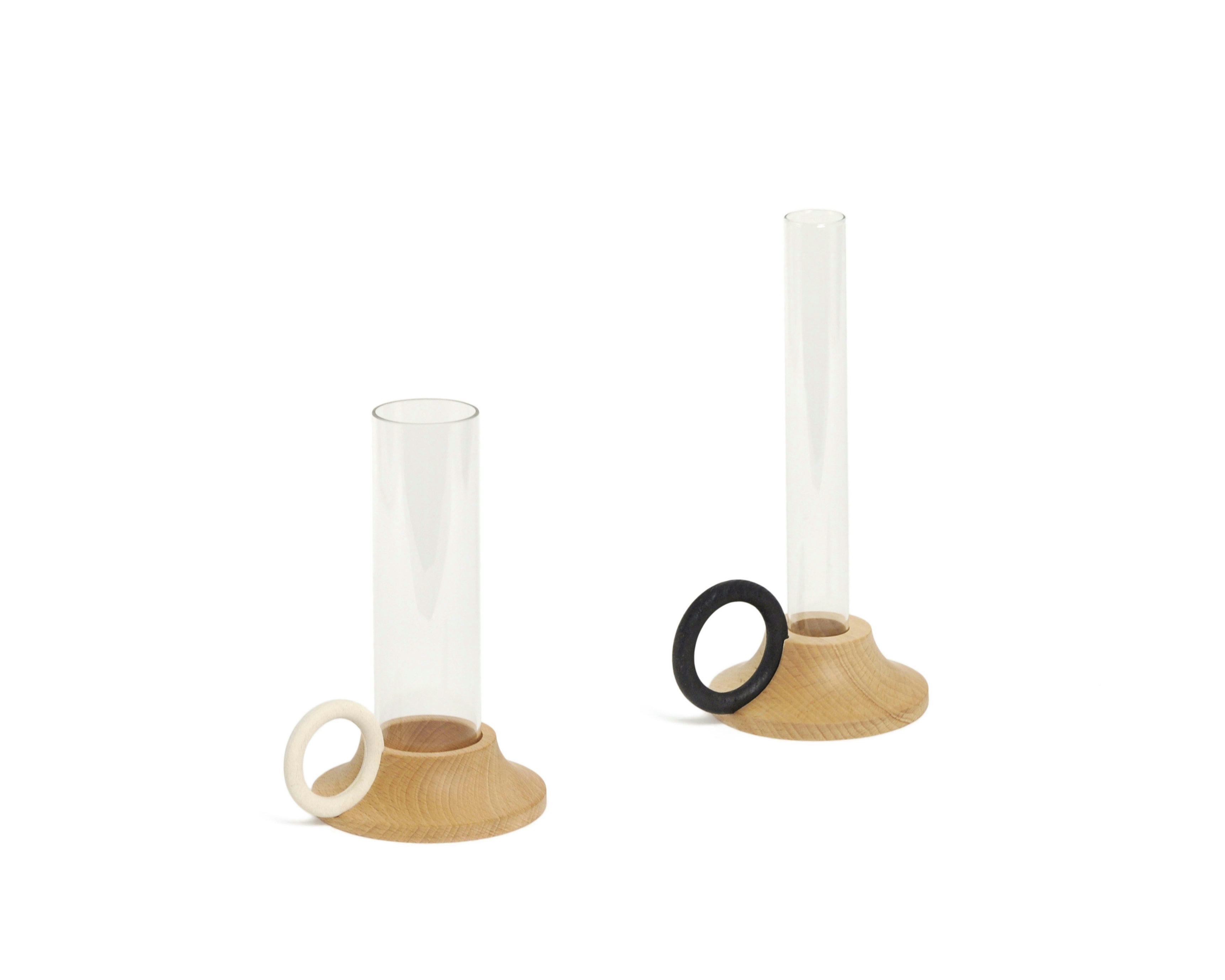 - Bougeoir anse blanche et Soliflore anse noire en bois