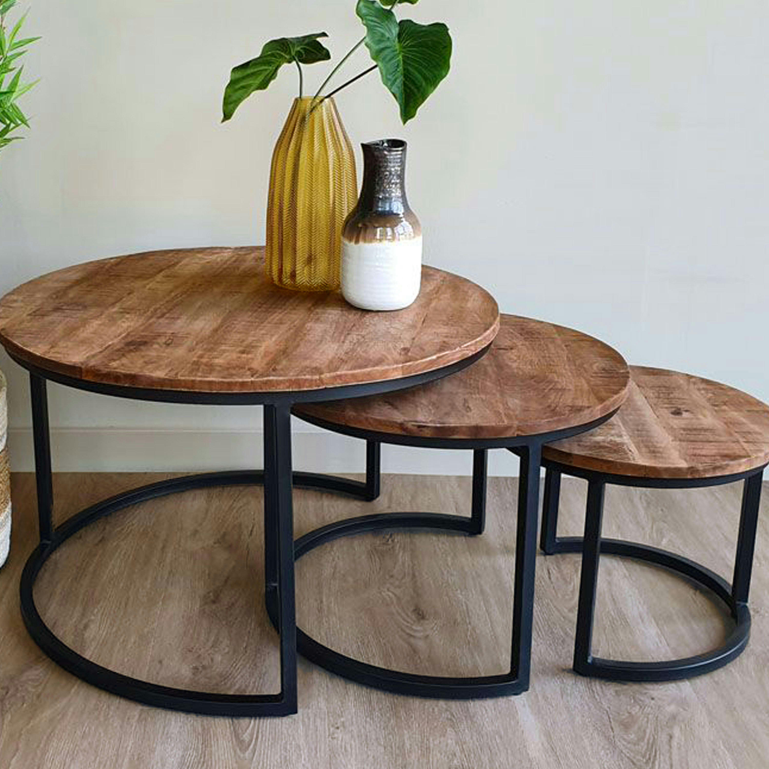 SALOME - SALOME-Set de 3 Tables basses rondes gigognes, Manguier et métal noir