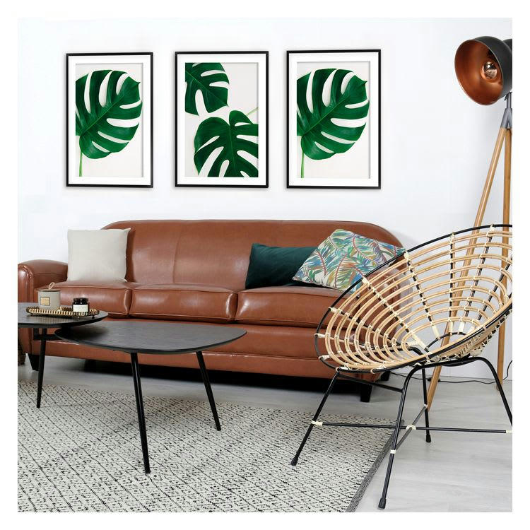 CLUB - Canapé 3 places camel en croute de cuir enduite