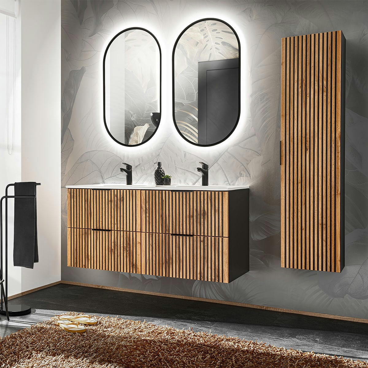 - Ensemble meuble double vasque encastrée 120cm et colonne naturel