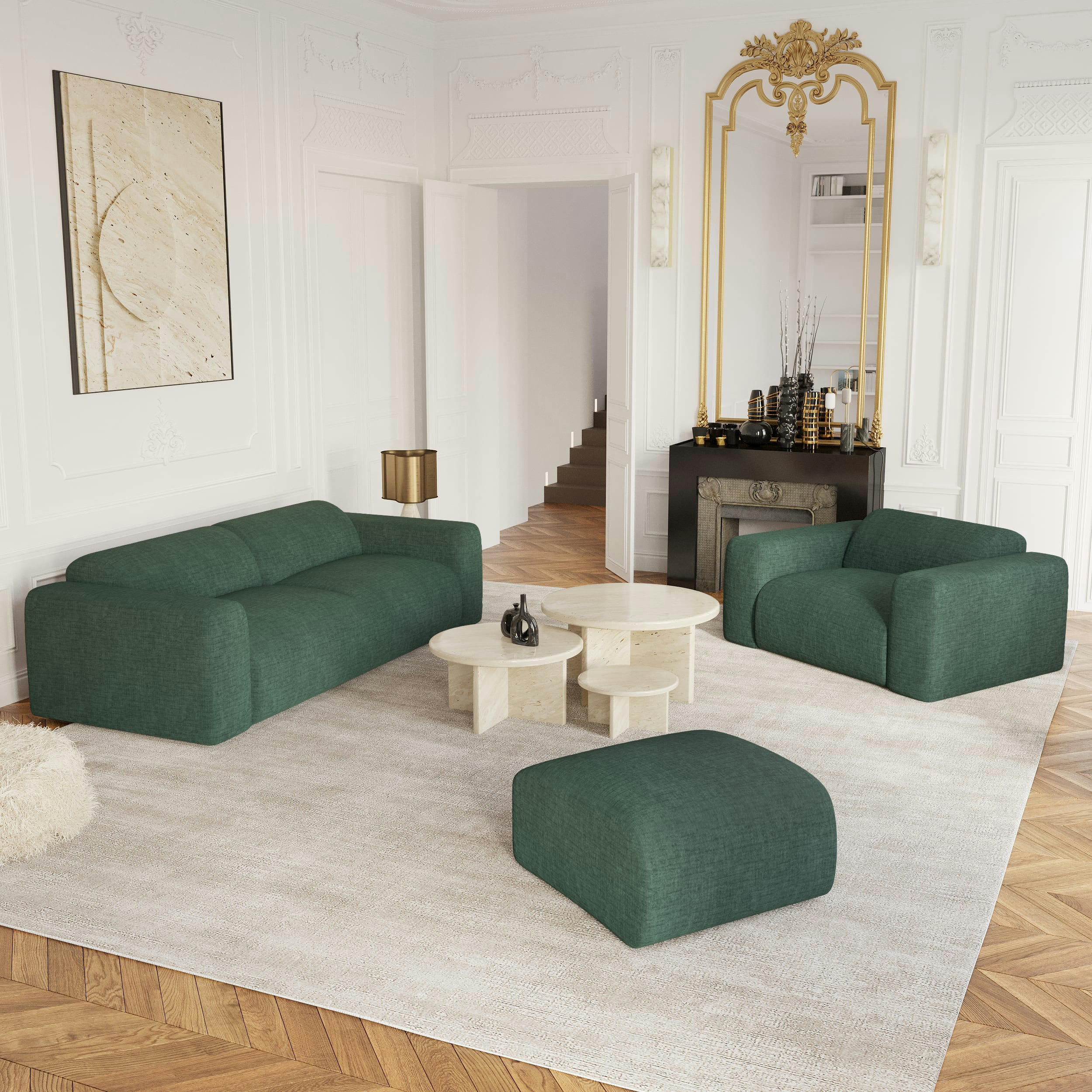 MYRA - Canapé 3 places velours texturé vert émeraude