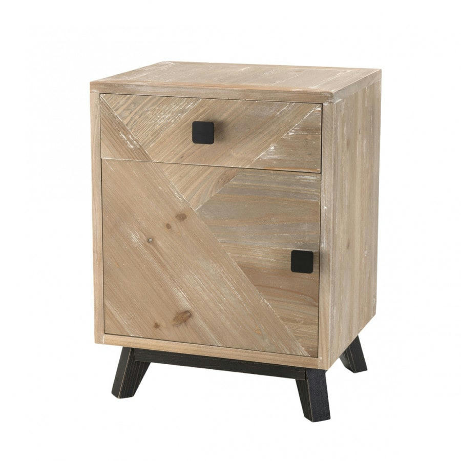 ANDRO - Chevet 1 tiroir 1 porte beige pieds en sapin noir
