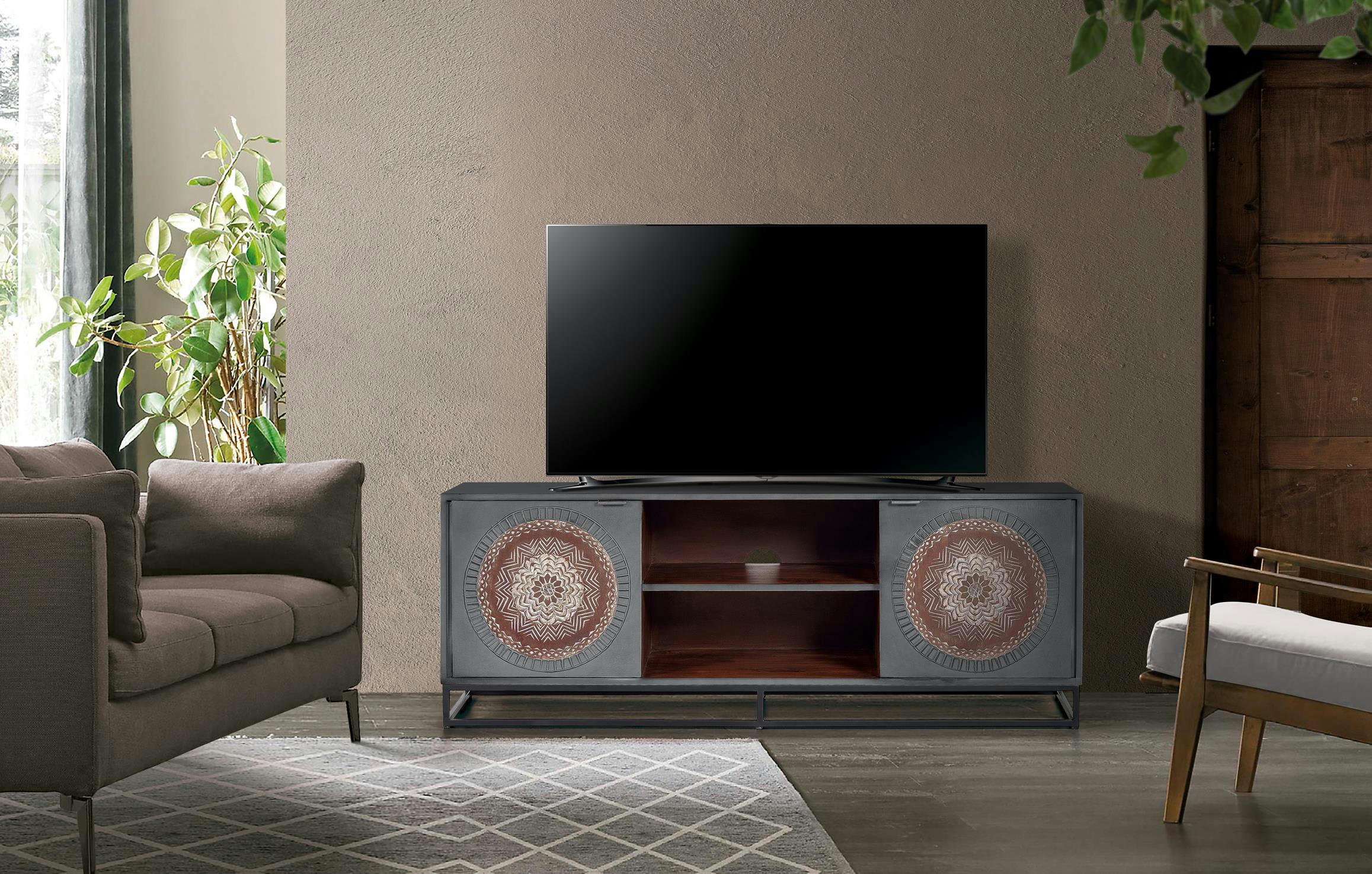 WOOD MANDALA - Meuble TV en manguier et pieds en métal gris et marron