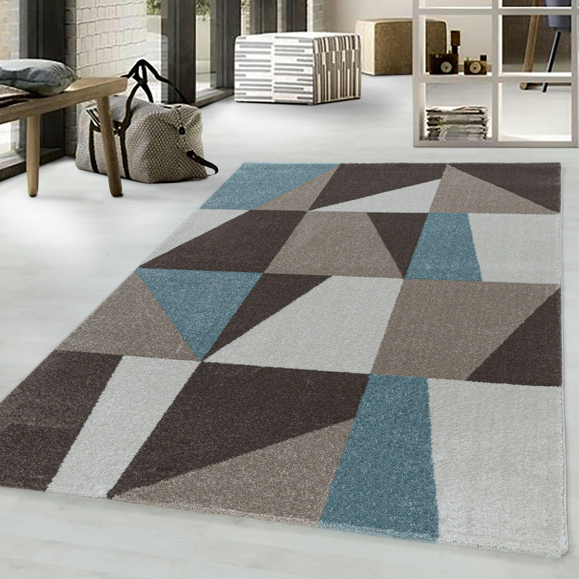 VINTAGE - Tapis motifs patchwork vintage bleu 140x200cm