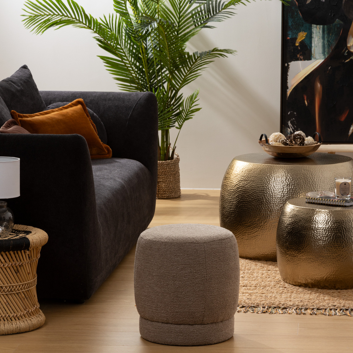 Terry pouffe "Amea" Taupe grey, D.39 cm