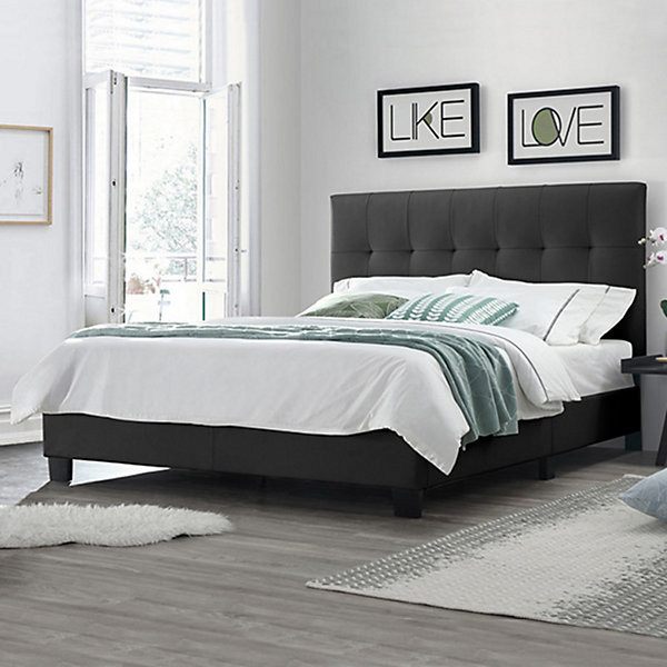 Lit double 140 x 190 cm en simili noir   sommier fixe - PANDORA