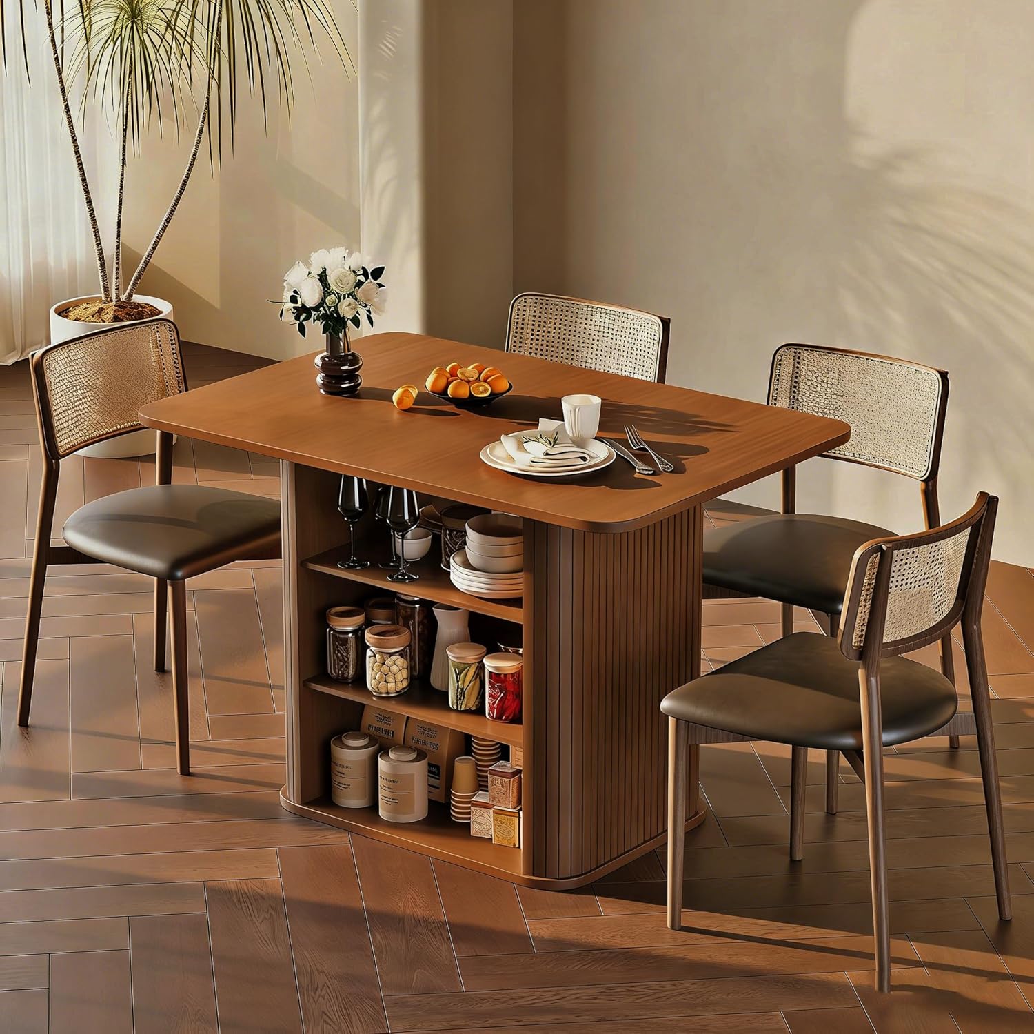 FUQARHY Dining Table for 4, Small Rectangular Kitchen Table for 2 with 3-Tier Storage Shelf, Farmhouse Modern Fluted Wood Table (Walnut)