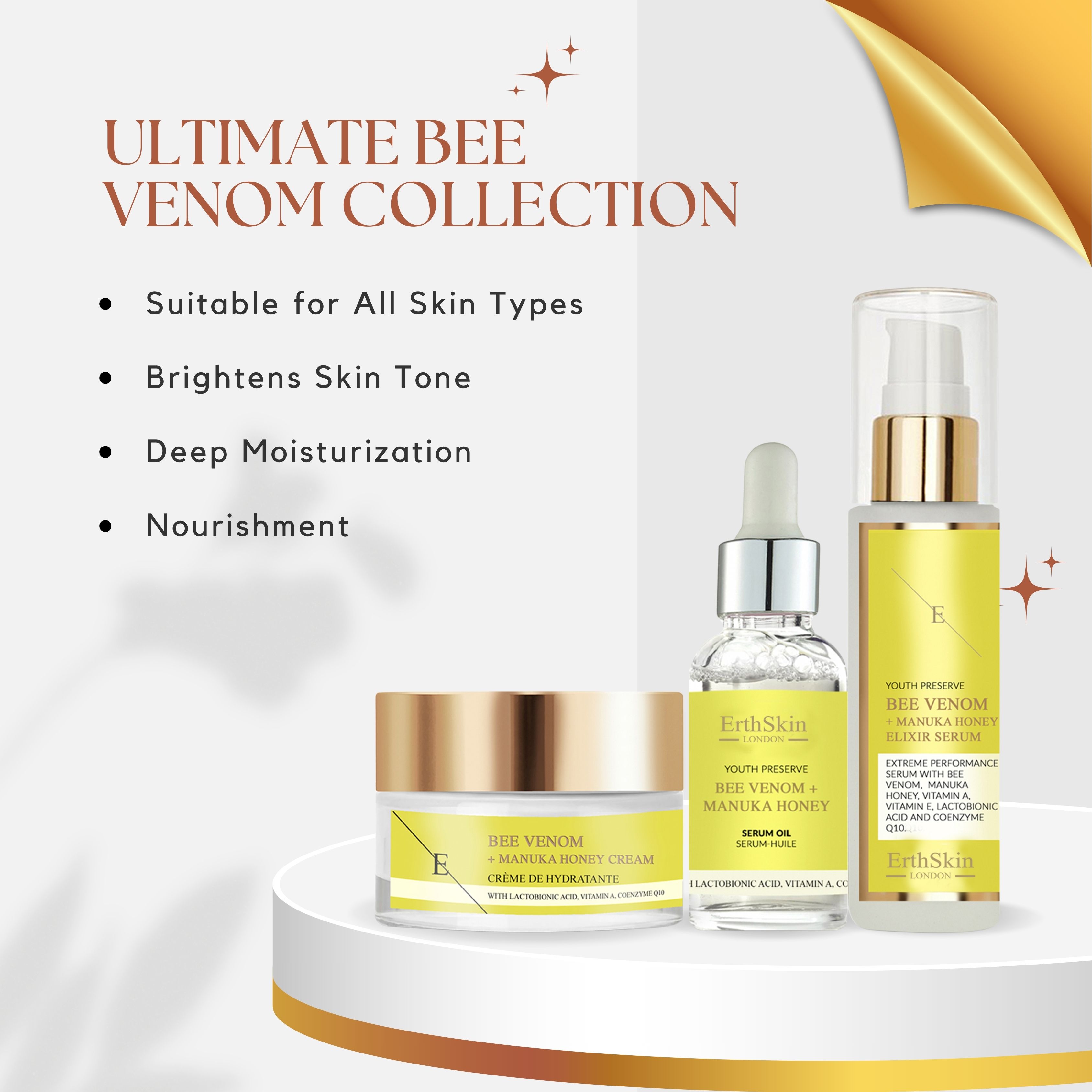 Erth Skin London Bee Venom   Manuka Honey Cream 50ml   Bee Venom   Manuka Honey Elixir Serum 60ml   Bee Venom   Manuka Honey Serum Oil 30ml (MFG)