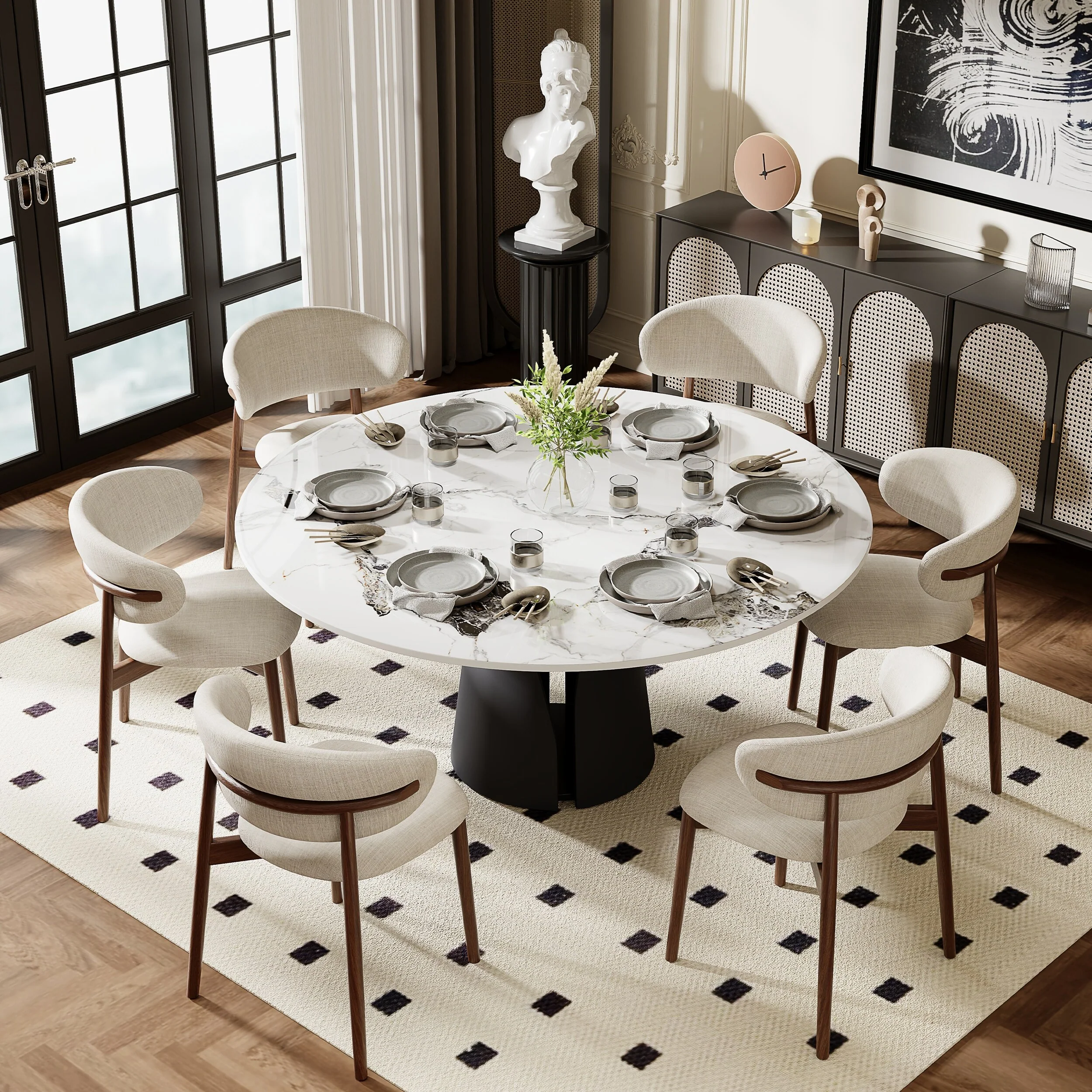 59Modern Round White Glossy sintered Stone Dining Table, for 6-8, Black Carbon Steel Leg - 59