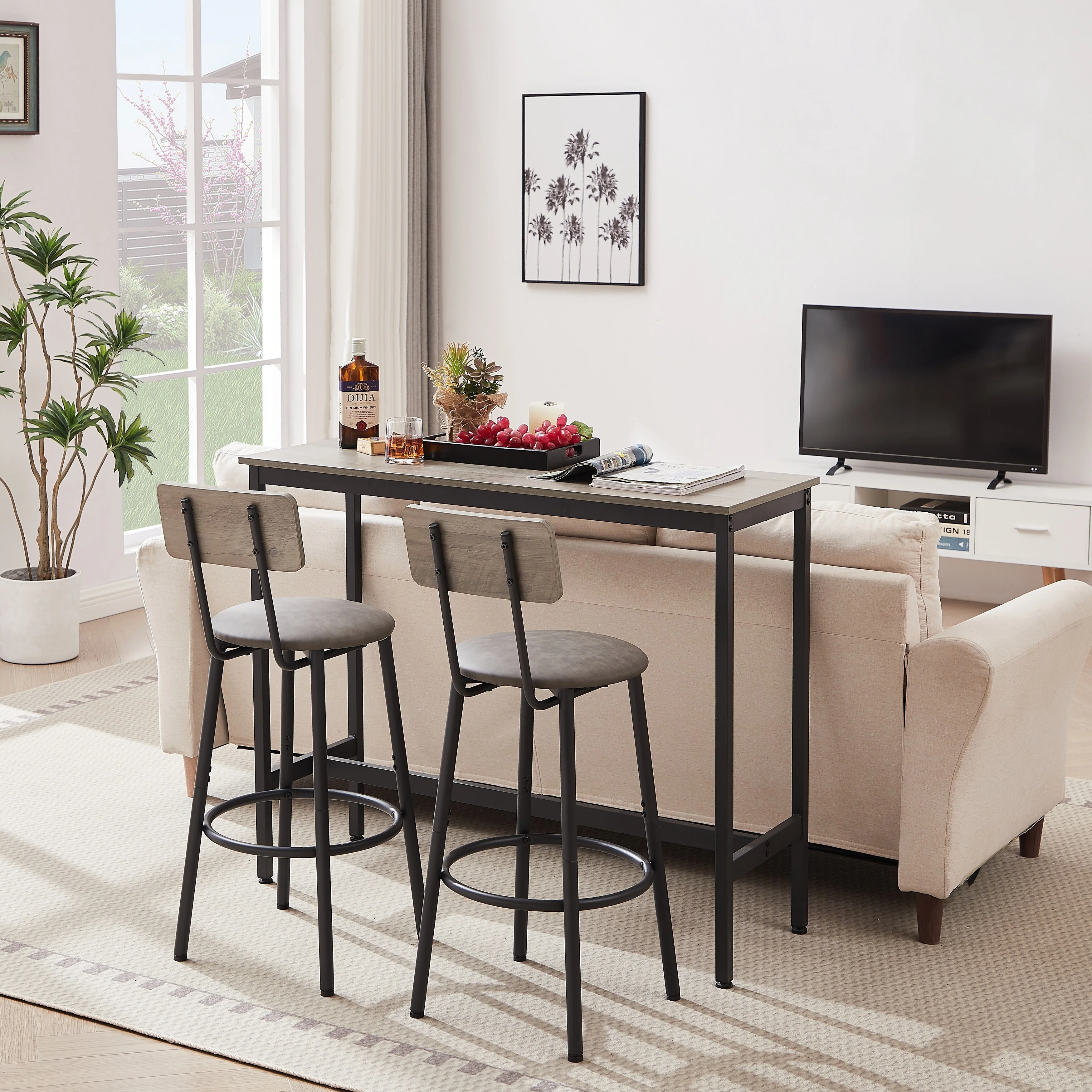 Industrial 3-Piece Metal Frame Bar Dining Set with 2 Stools