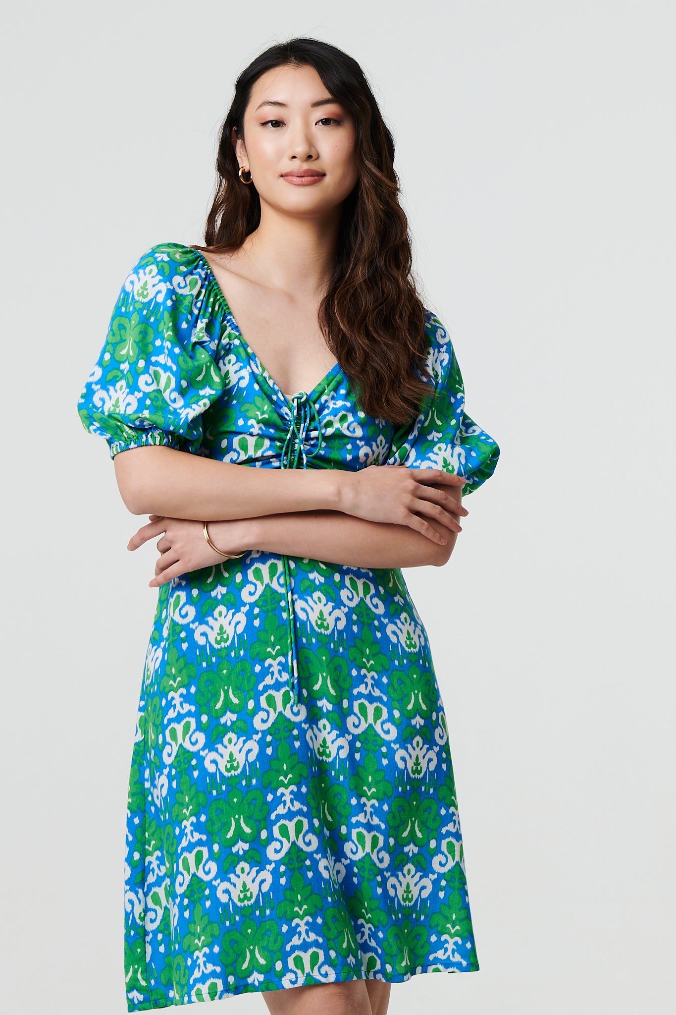 Izabel London Printed Tie Bardot Neck Short Dress