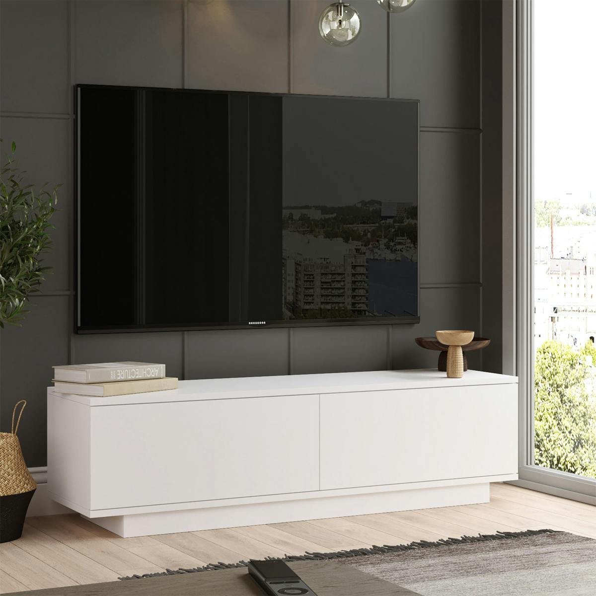 Meuble TV blanc style design 2 portes abattantes MARFA