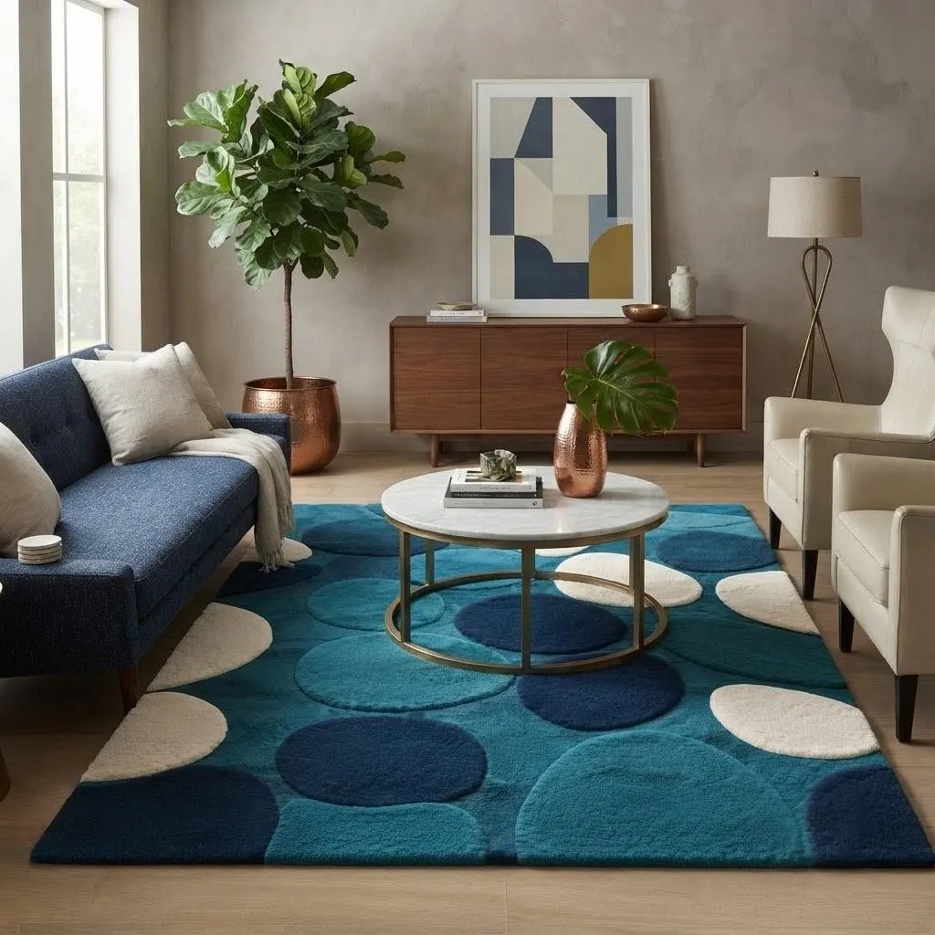 Modern Blue Teal Geometric Wool Rug | Handmade Abstract Area Rug