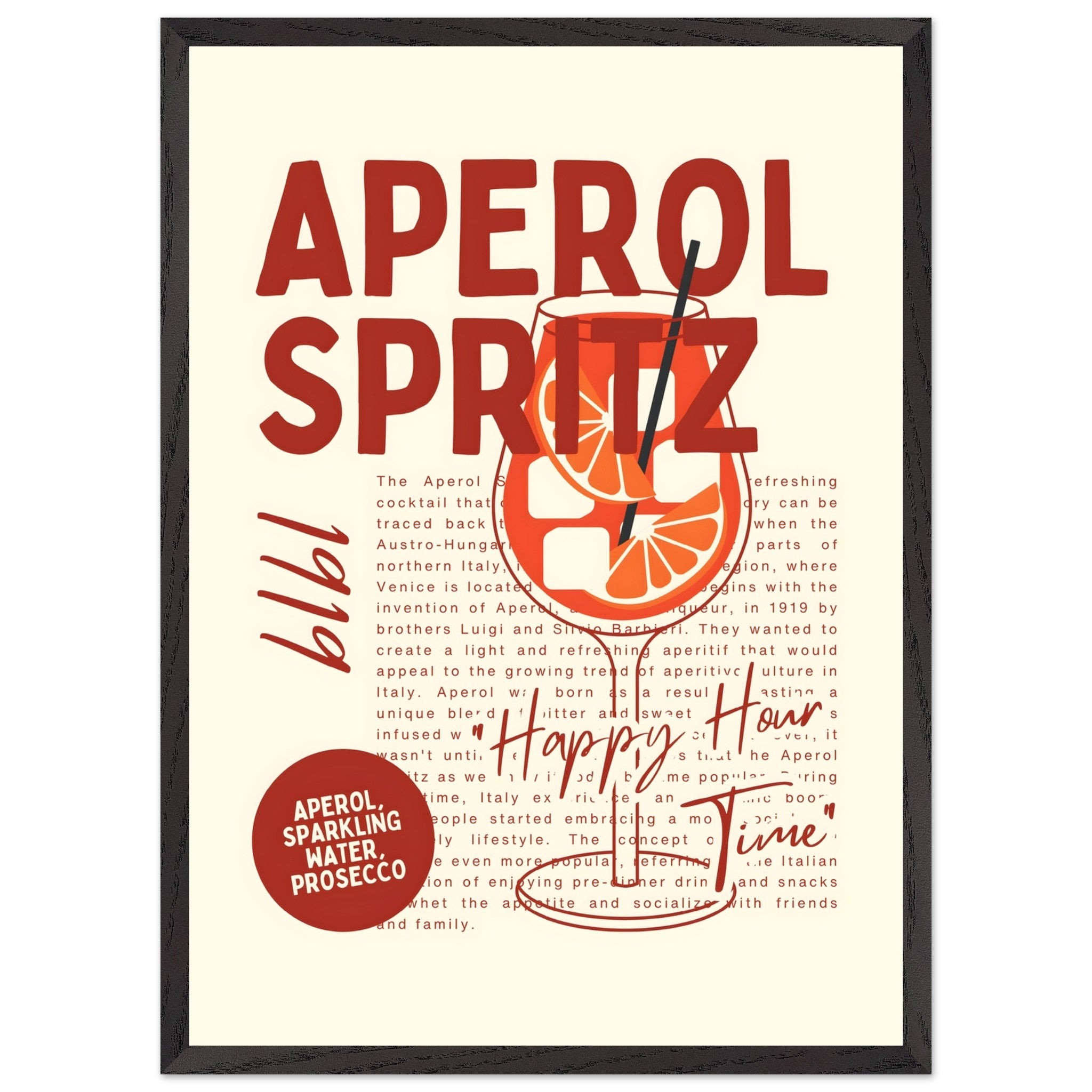Artfulprints Poster met Lijst Aperol Spritz - Happy hour  - 50x70 cm - Rood