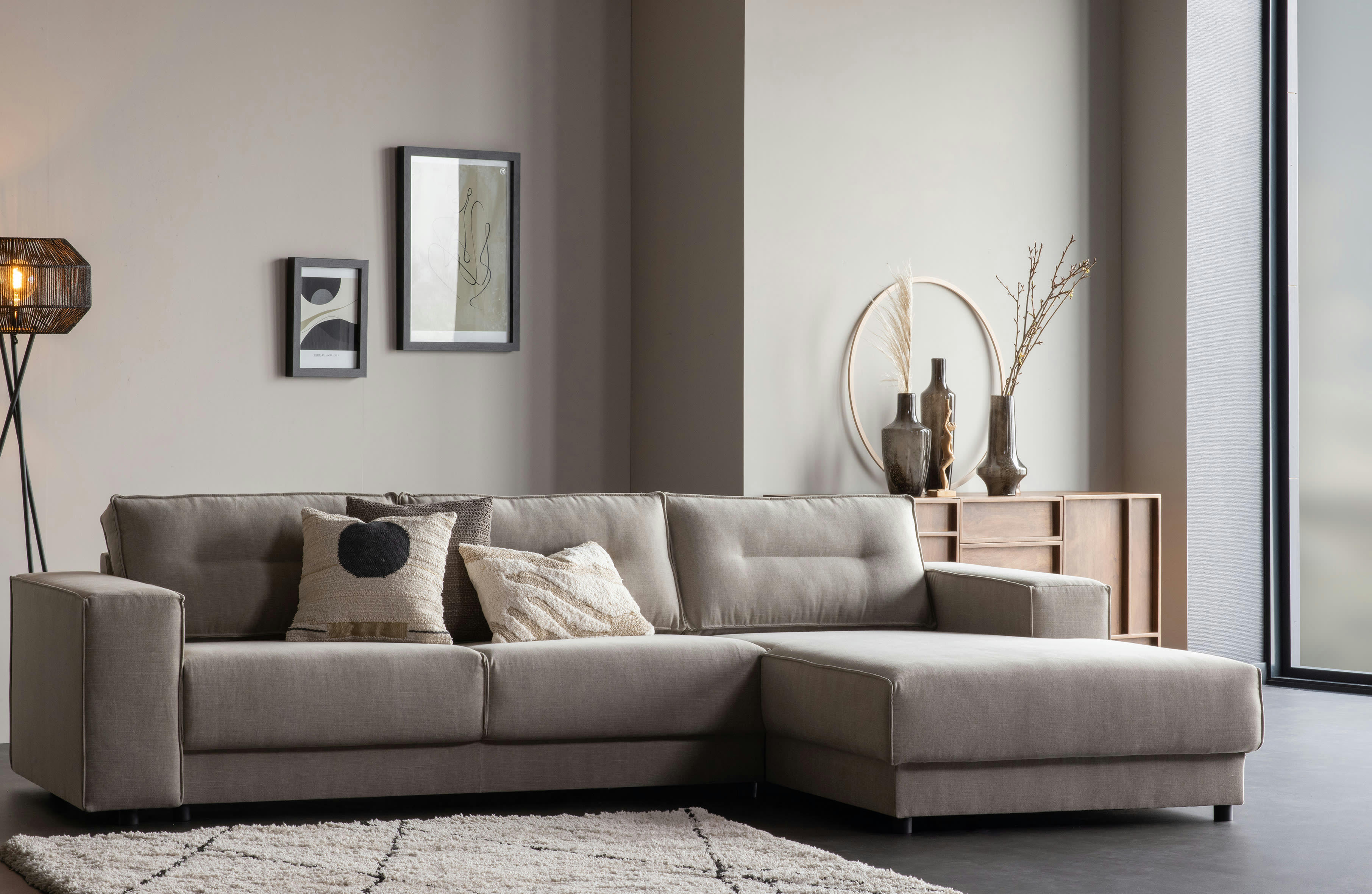 RANDY - Canapé d'angle 3 places en tissu toile sable