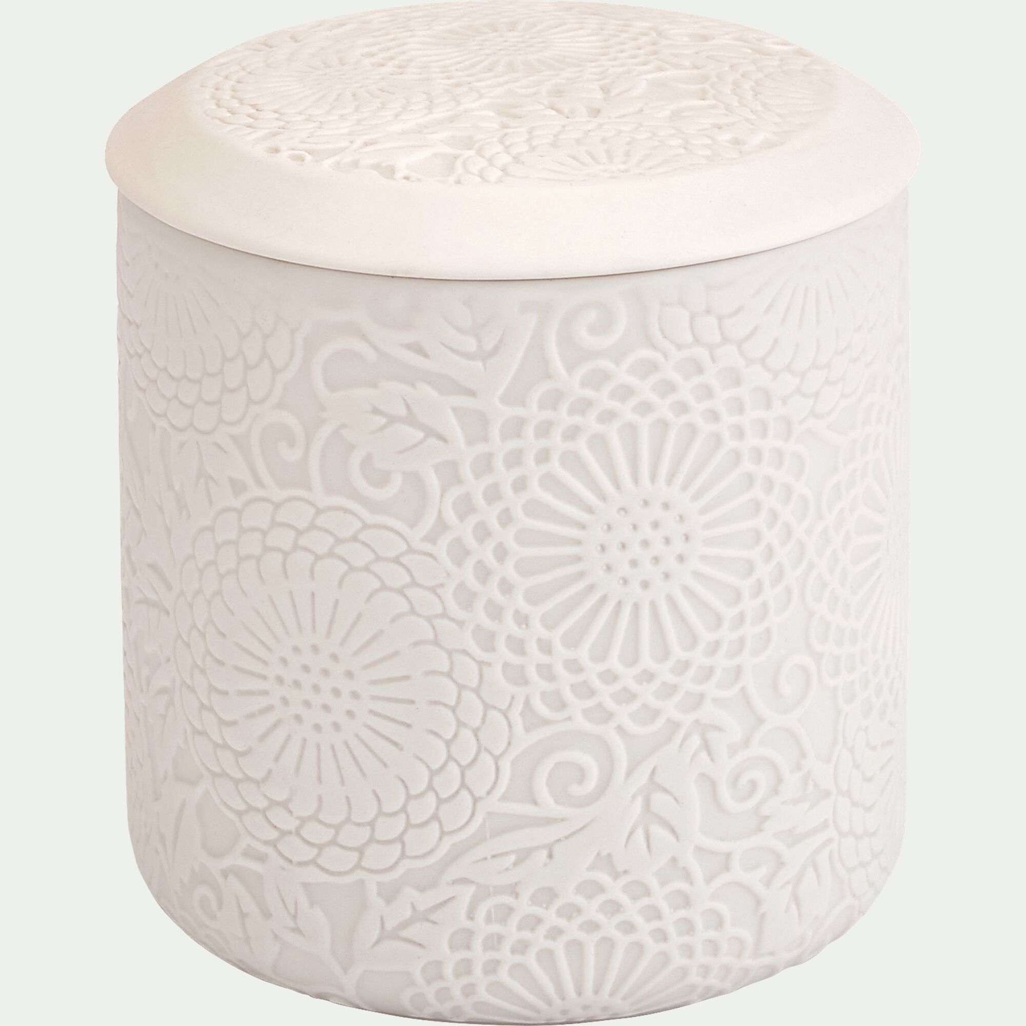 MANDAWA - Boîte déco gravure florale en grès - blanc D10xH11cm