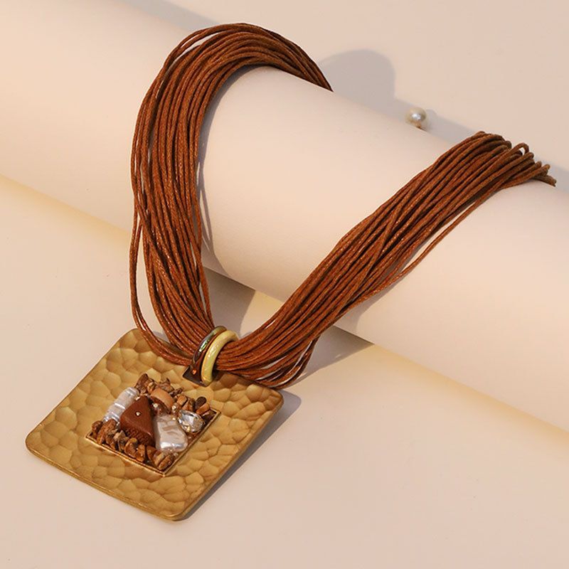 PEACH ACCESSORIES Brown Multi-Strand Cord Gold Pendant Necklaces