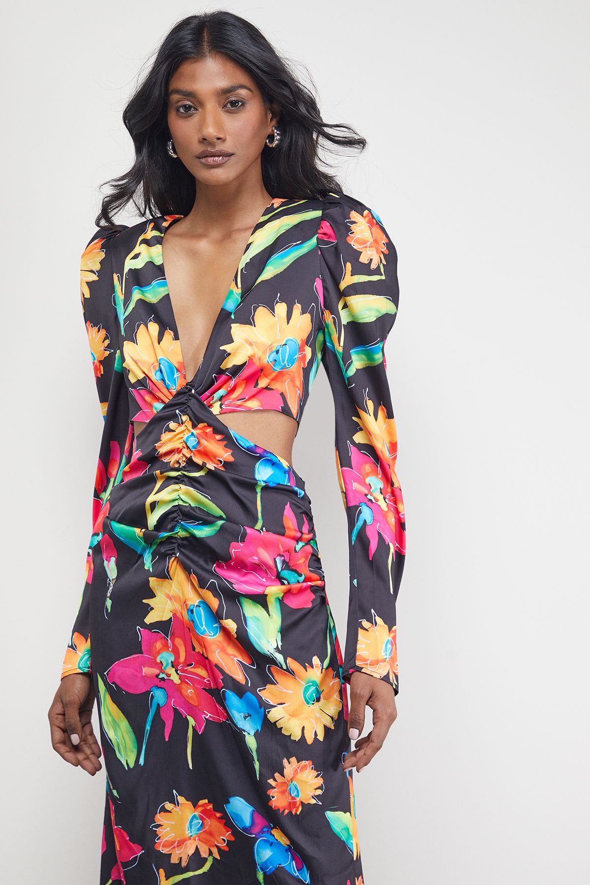 Warehouse Satin Cut Out Waist Plunge Neck Midi Dress