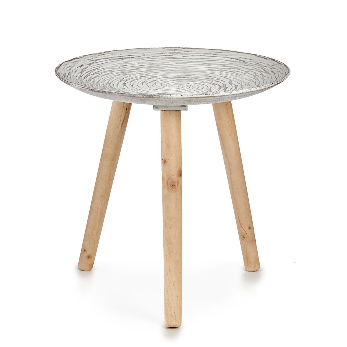Mesa de apoio em madeira com tampo decoração espiral