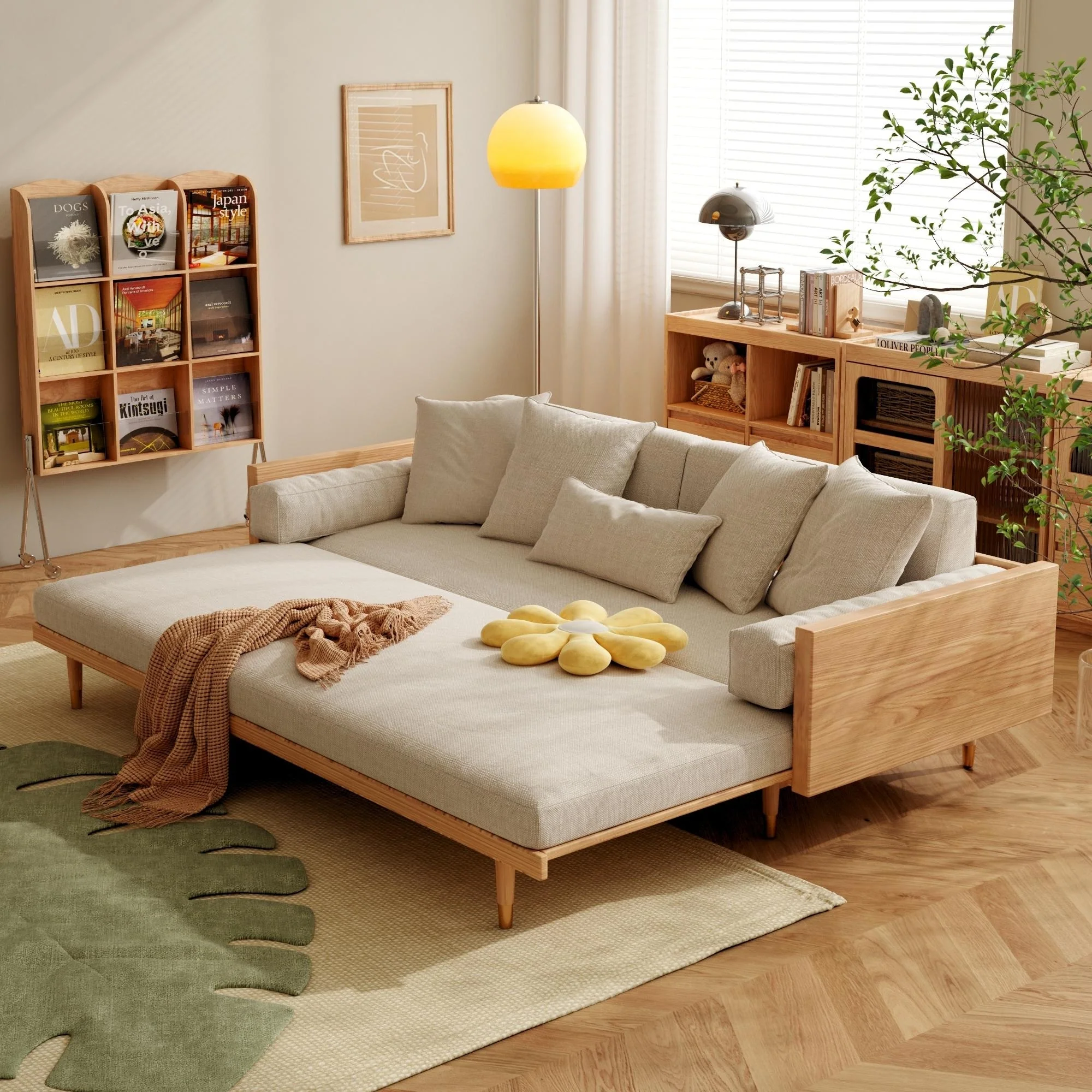 JASIWAY Modern Retractable Solid Wood Sleeper Sofa Bed