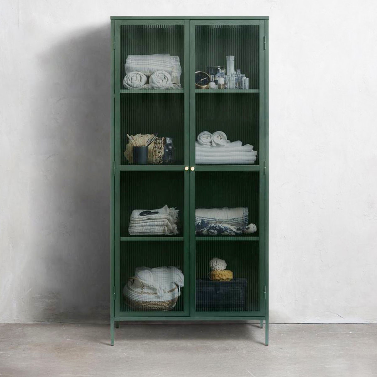 Olivine Katja Hoge Metalen Vitrinekast met Ribglas - B 90 cm - Groen