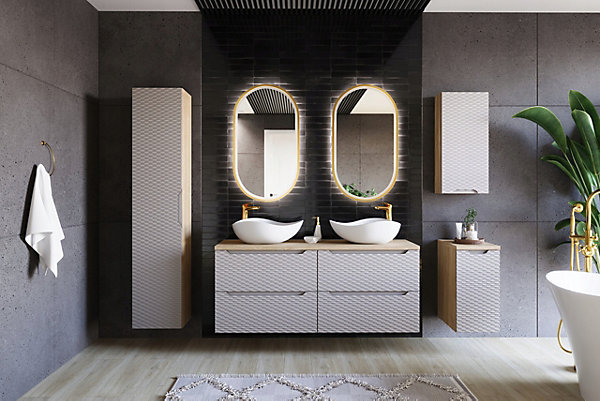 Meuble suspendu sous vasque OCEAN chêne et beige 60 cm - 2 tiroirs façades 3D