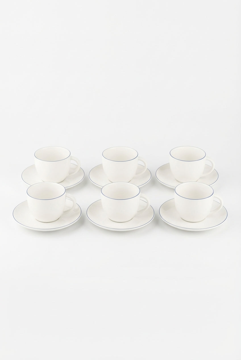 vtwonen - Kop en Schotel - Wit/Blauw Lijn - 250ml - Set van 6