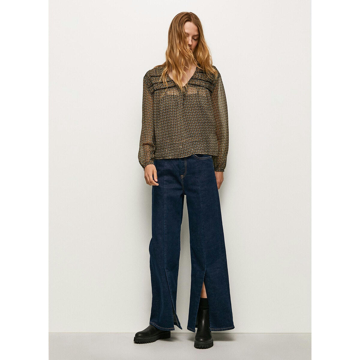 Blouse col v manches longues imprimée