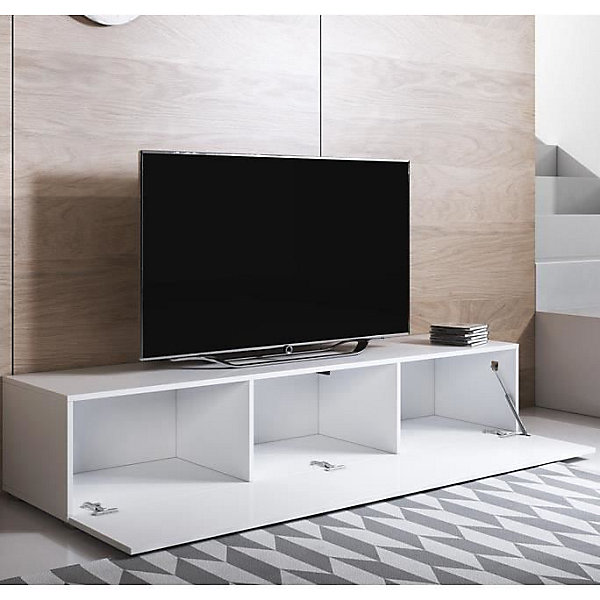 Meuble TV contemporain - Blanc brillant - 3 compartiments - Bois - 160x32x40 cm