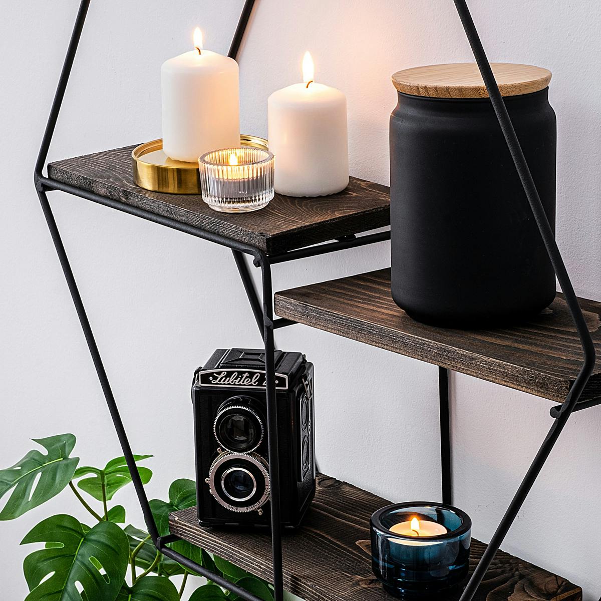Étagère noire décorative hexagone décor bois foncé JENA