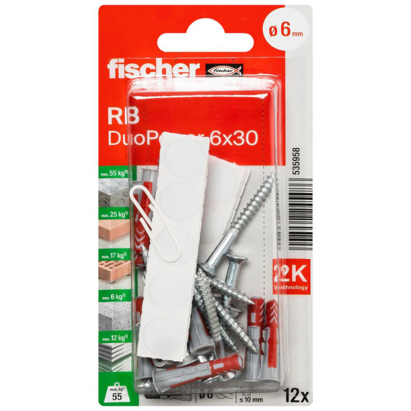 Cheville DuoPower en nylon avec collerette, vis et cache pour fixation d'étagères Ø 6 x 30 mm 12 pièces