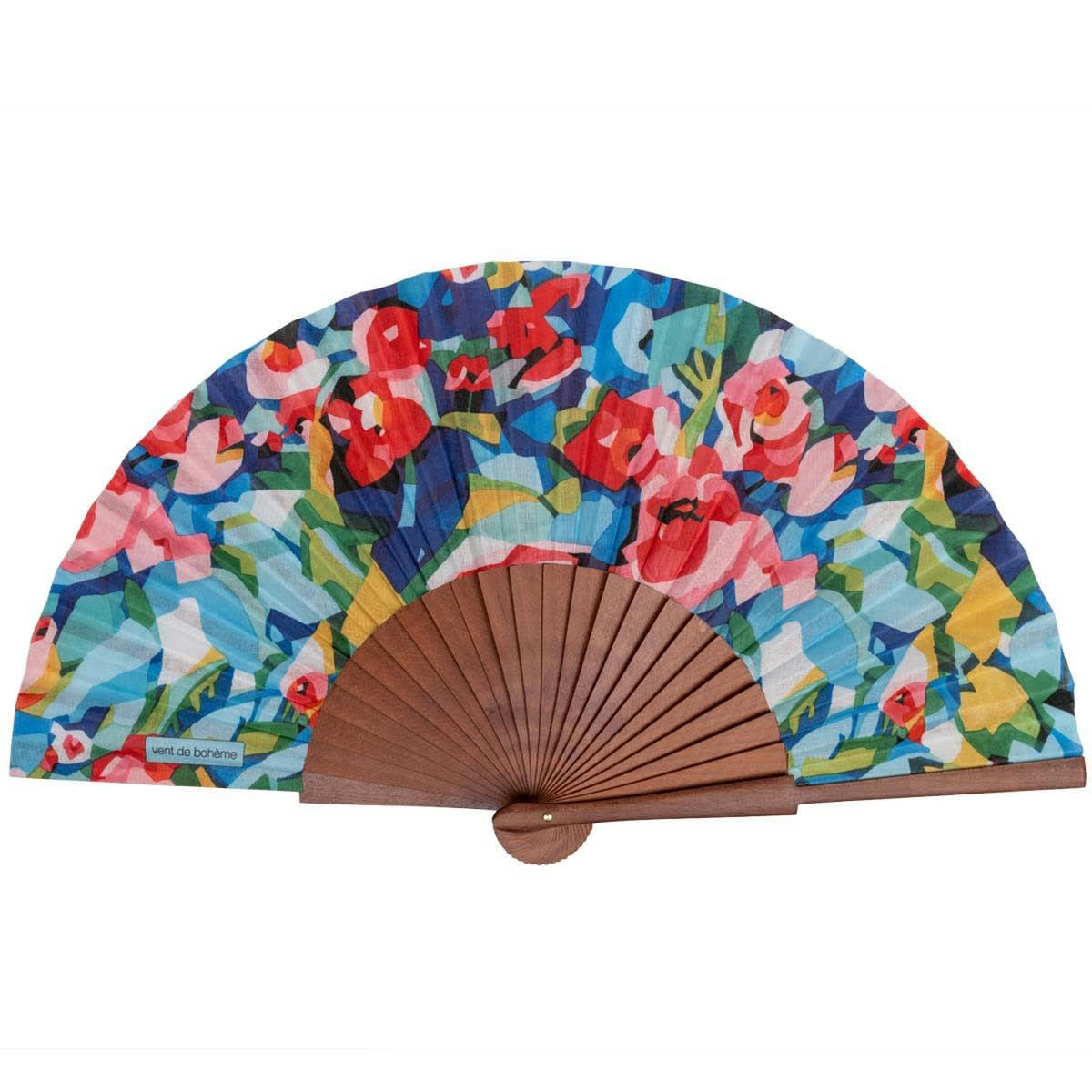- Éventail en bois de merisier et coton imprimé fleuri