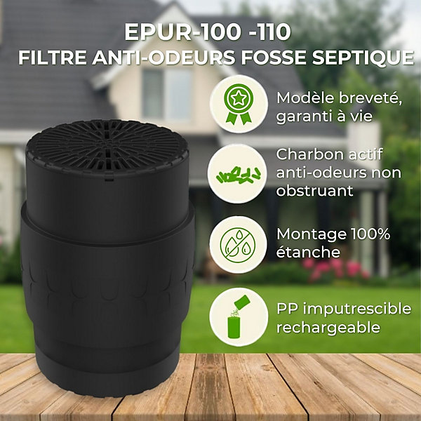 Filtre Anti-Odeurs Epur-100-110Haute Performance au Charbon Actif Anti-H2S, diametre 100-110mm, Solution Cans Collage, Pour Foss