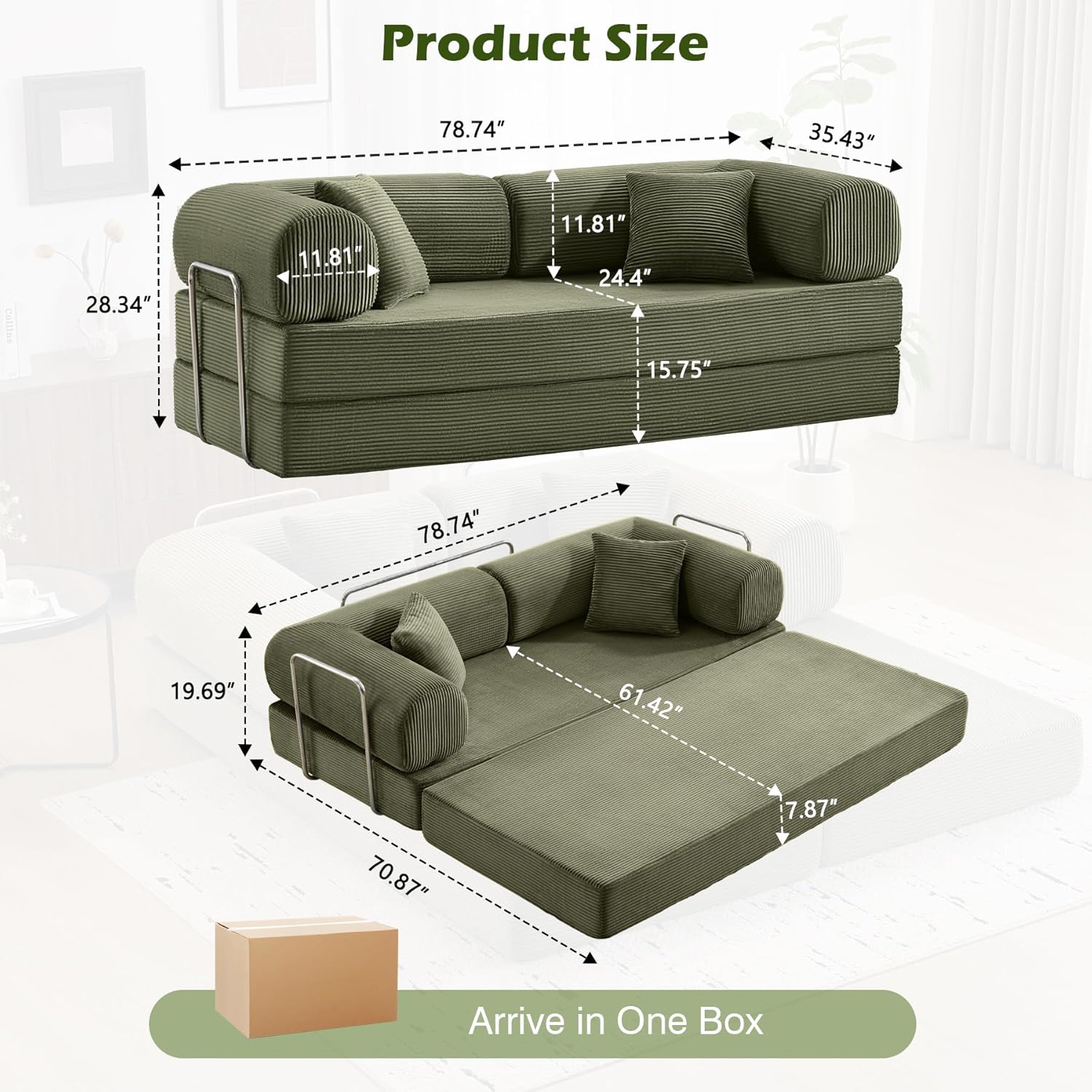 Sofa Bed, 79 Convertible Sleeper Sofa with Pull Out Bed, 5-in-1 Folding Corduroy Futon Couch, Modular Loveseat Sofa Bed for Living Room, Bedroom & Apartment, Green