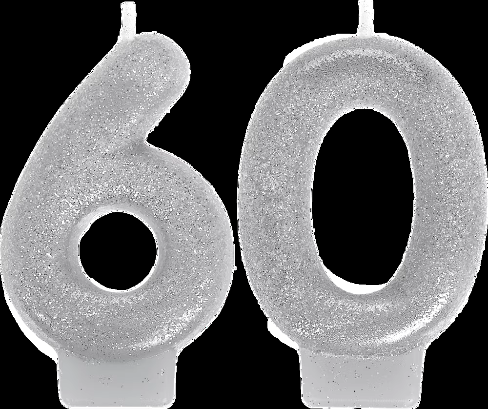 Glitter Silver Number 60 Birthday Candles, 2-pc