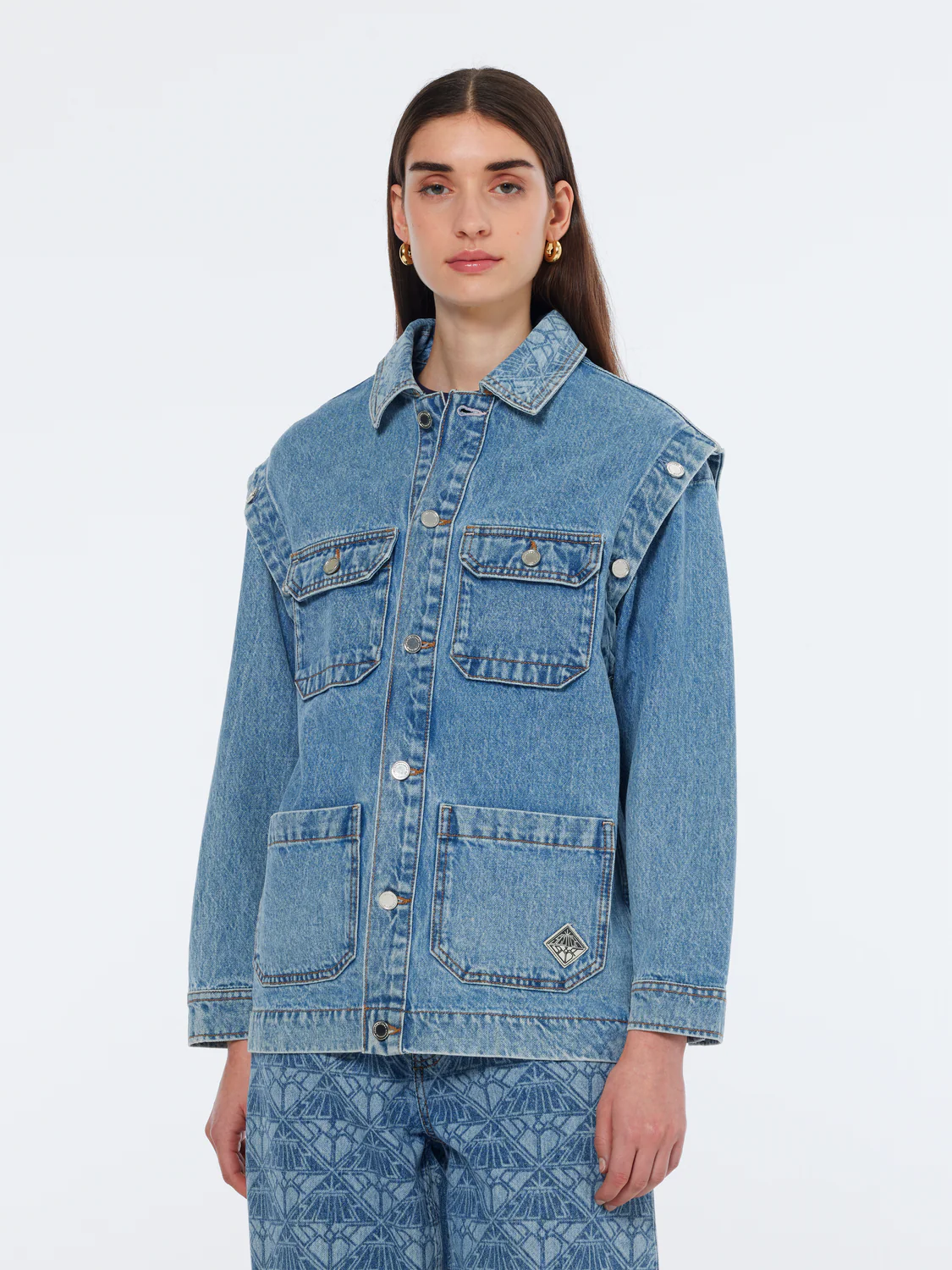Washed Denim Jacket With Detachable Sleeves