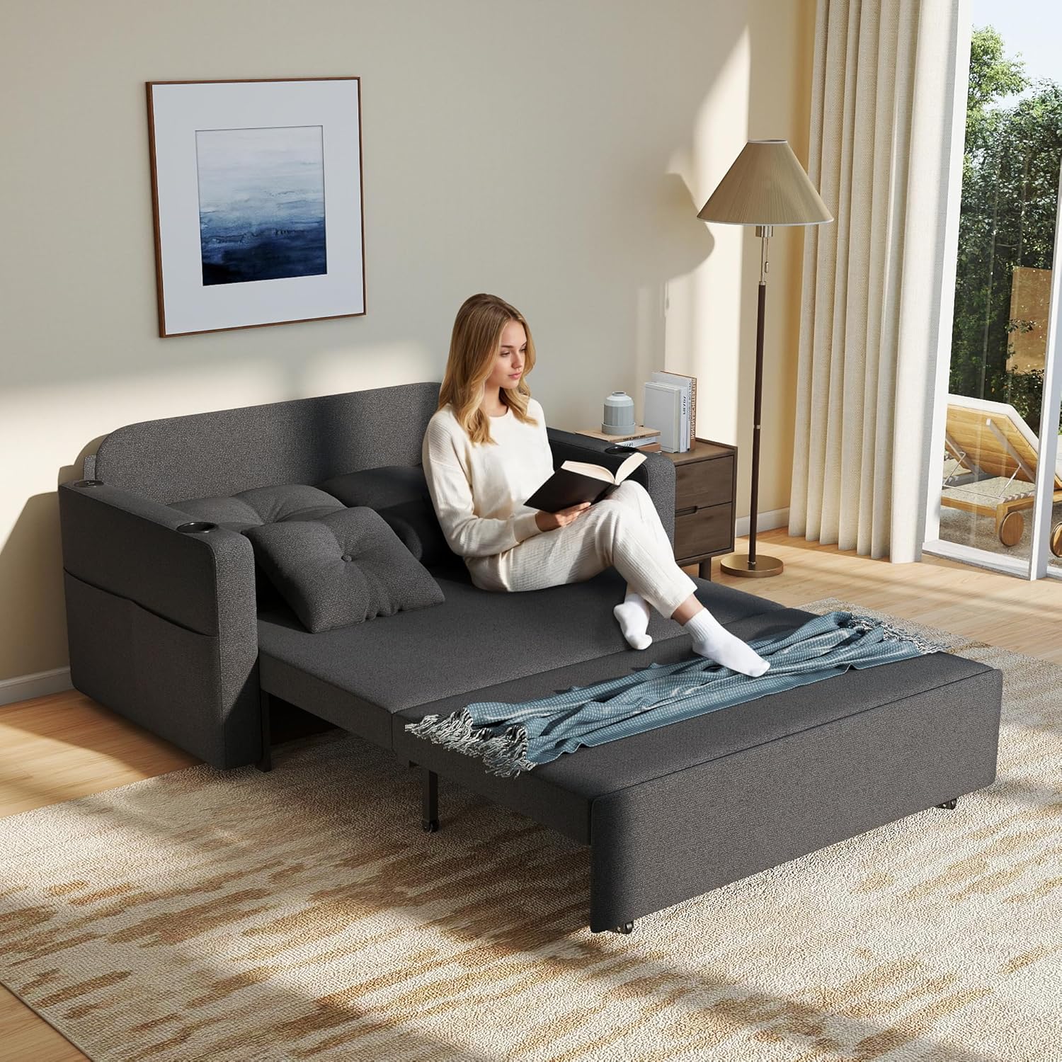 3 in 1 Sofa Bed, 56 Inch Convertible Pull Out Couch, Loveseat Sleeper Sofa with Cup Holders, USB, Sofa Couches for Living Room, Bedroom, Apartment, Dark Grey