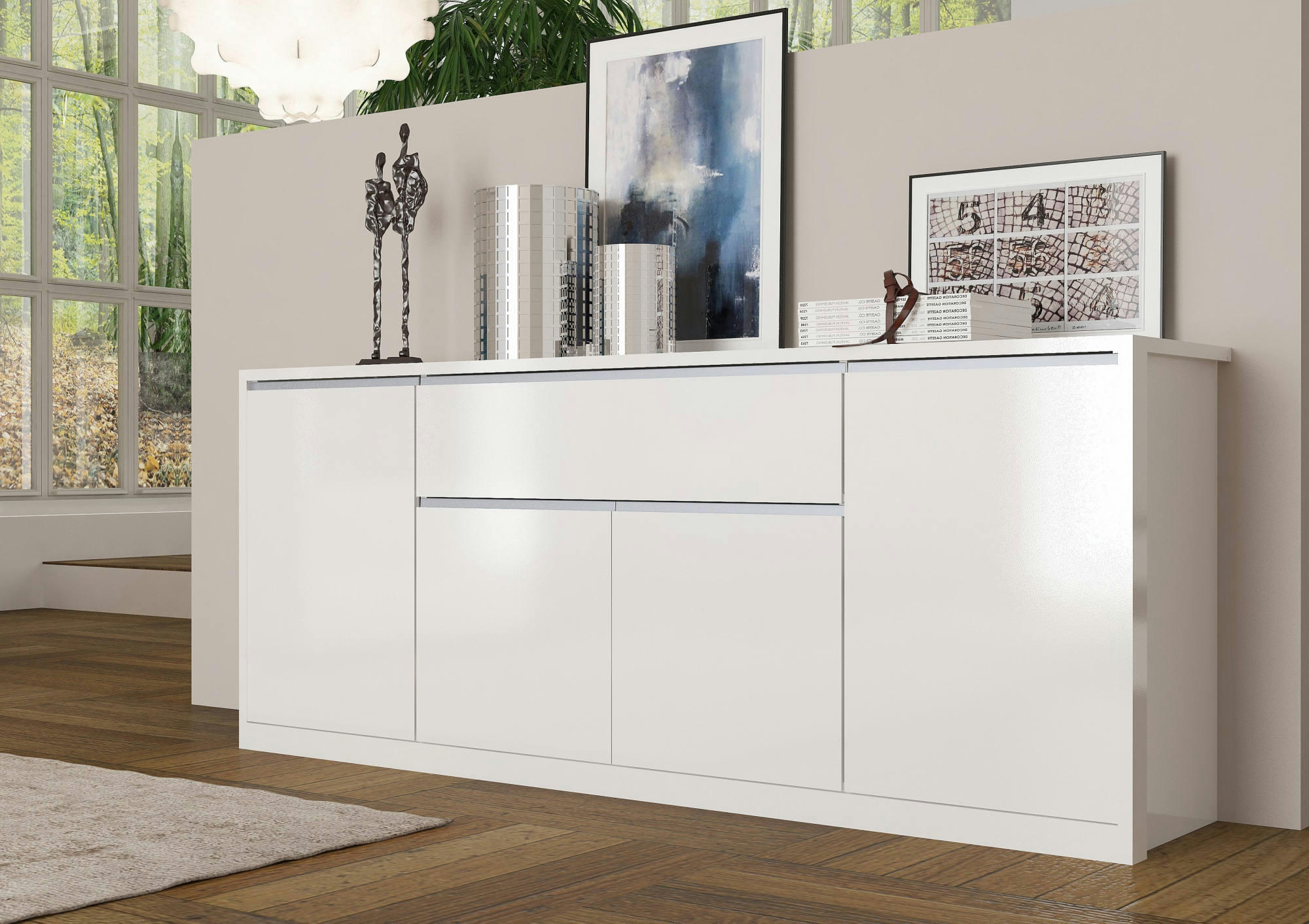 DERAM - Buffet avec 4 portes effet bois blanc brillant 210x45h85 cm