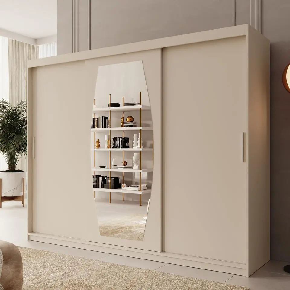 Meubella - Kledingkast Azai - Beige - 250 cm - Met spiegel