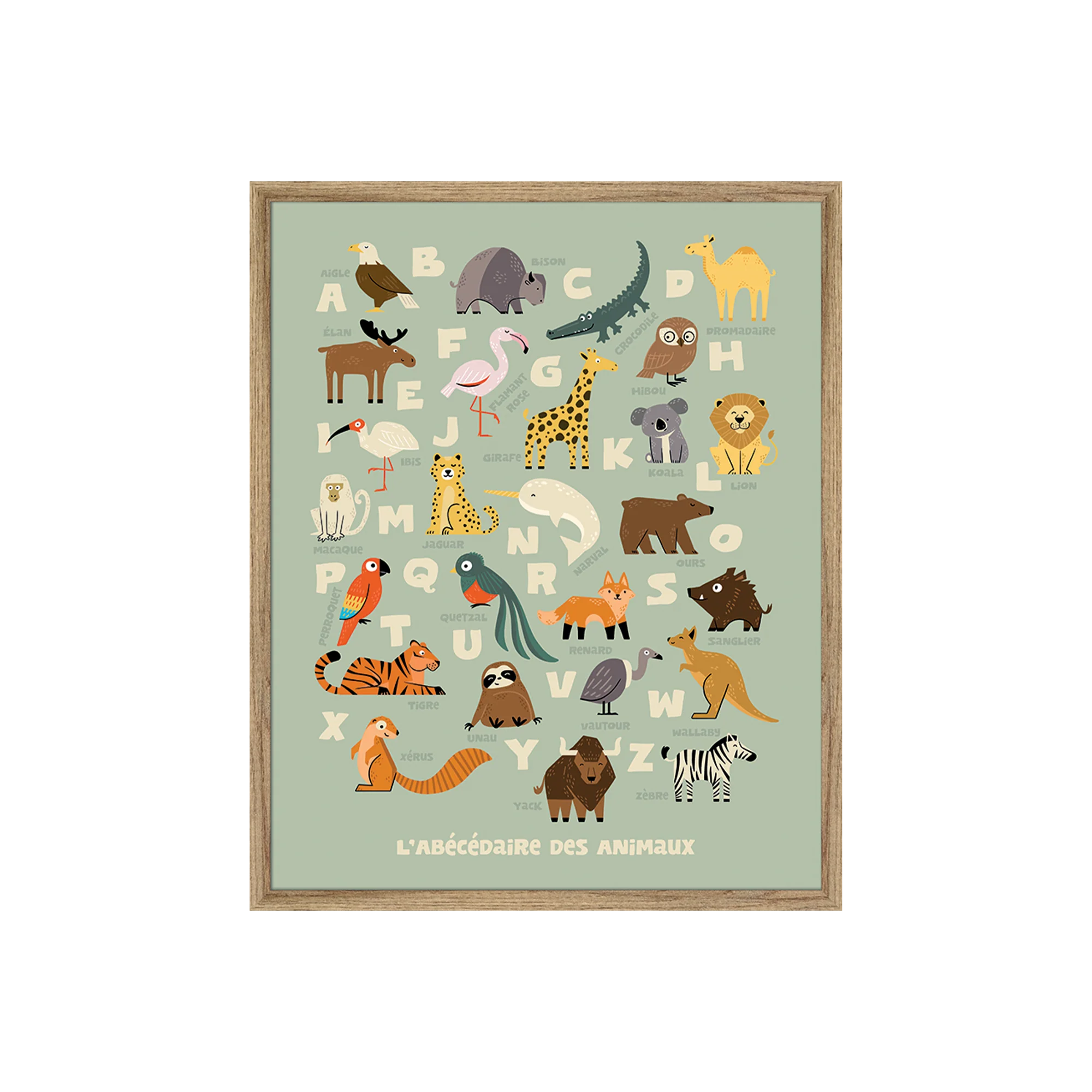 4MURS Image encadrée ABECEDAIRE LA CARTE DES ANIMAUX vert