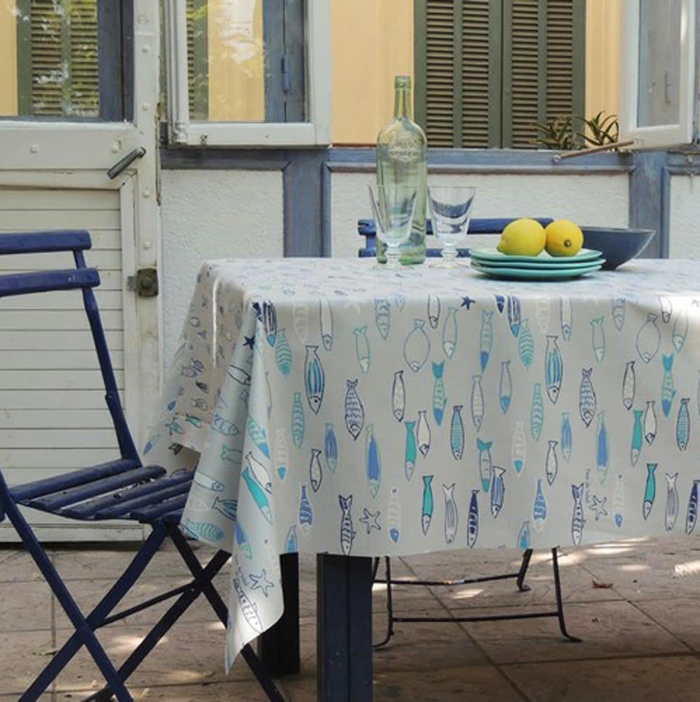 POISSONS - Nappe enduite rectangle 160 x 200 cm turquoise
