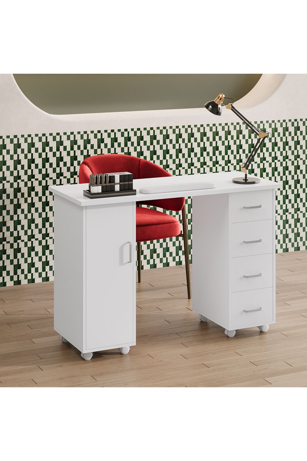 SHEONLY Mobile Manicure Table with 1 Cabinet and 4 Drawers