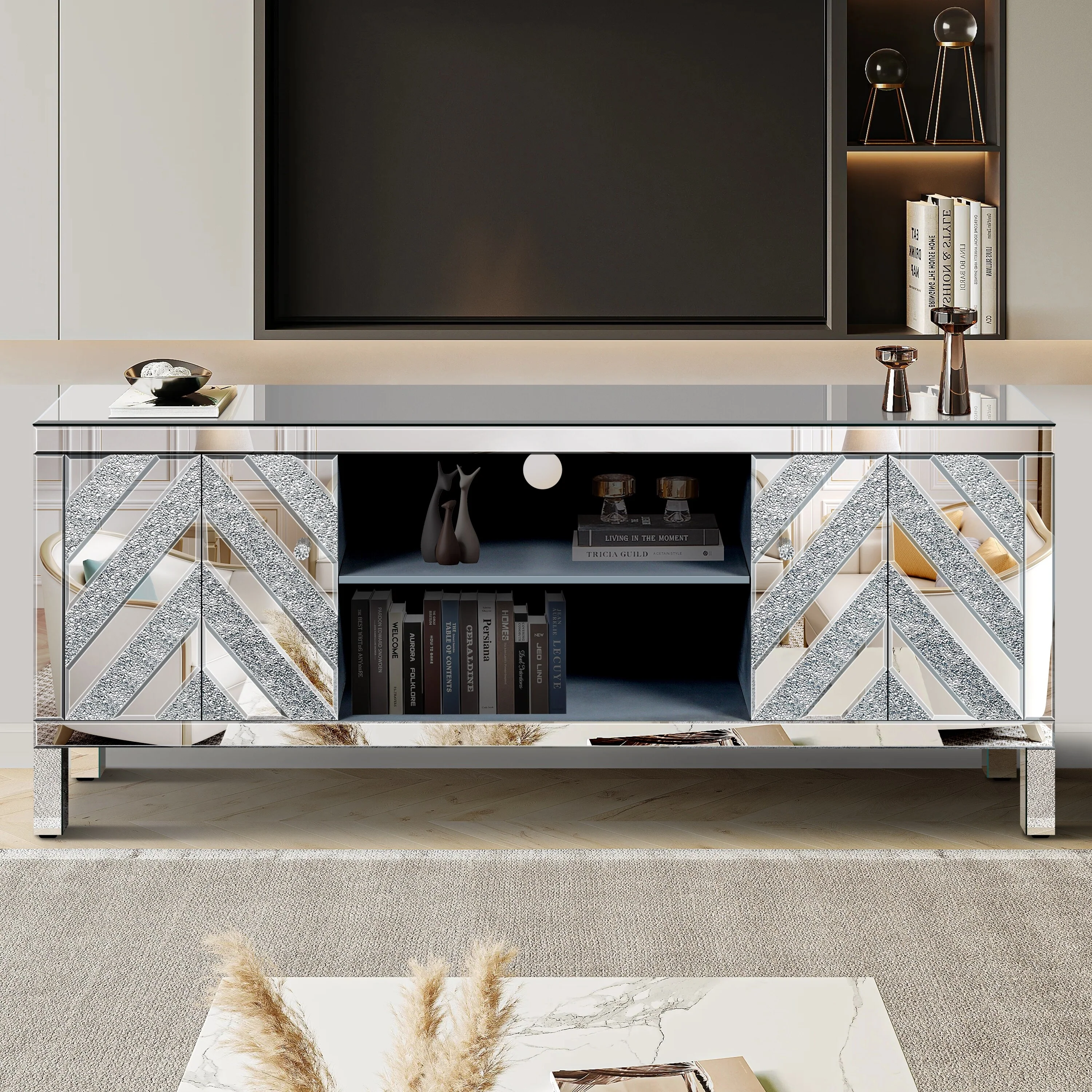 Silver 59 TV Stand with M-Shape Mirror Doors & Storage for TVs Up to 65