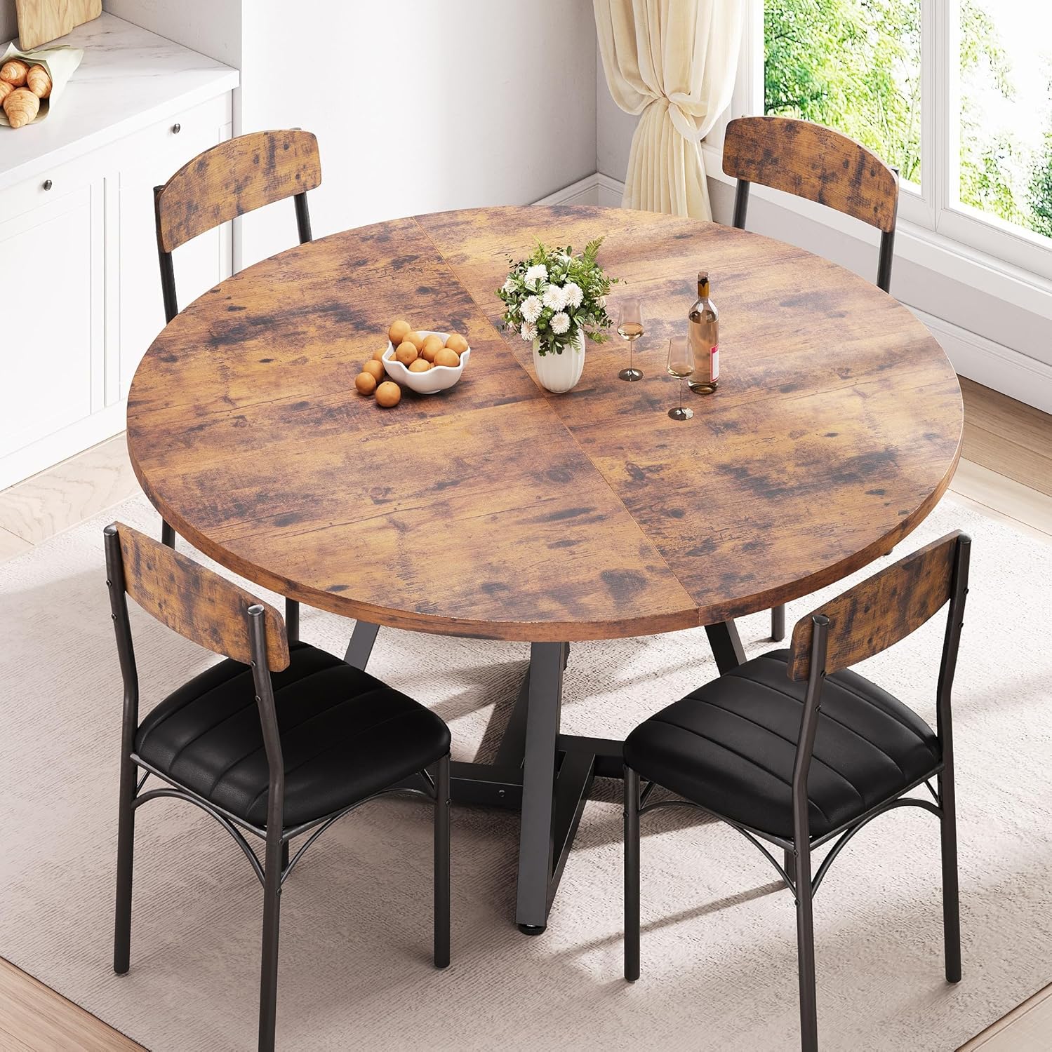 Jocoevol Round Kitchen Dining Room Table Circle Dining Dinner Table with Pedestal Metal Frame, Space Saving Wood Industrial Furniture for Small Space (Rustic Brown, 47IN)